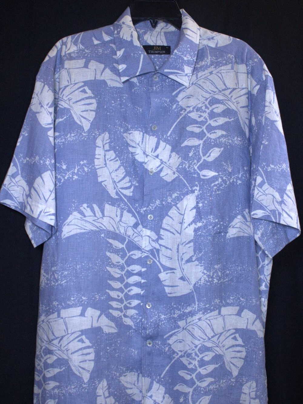 Jim Thompson 100% Linen Hawaiian Shirt Mens XL Blue White Tropical Leaf Print